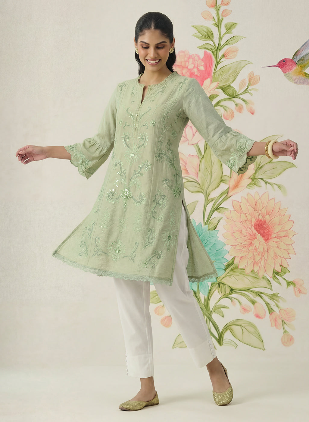 Saaj Light Green Embroidered Cotton Blend Kurta