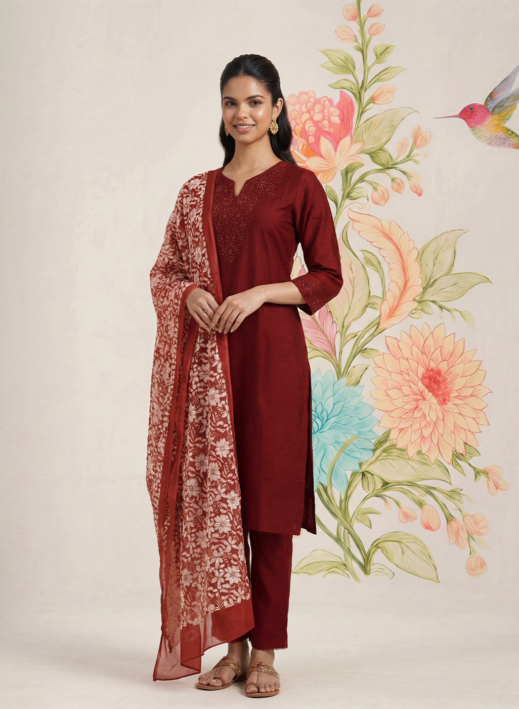 Ragini Maroon Embroidered Straight Suit Set with Dupatta