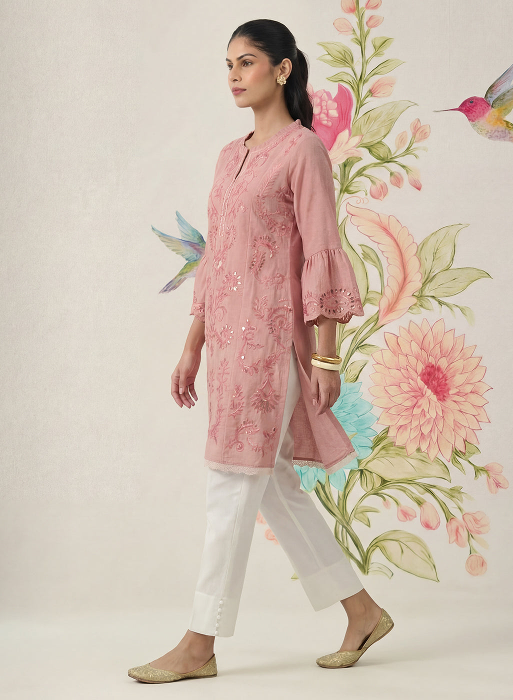 Saaj Light Pink Embroidered Cotton Blend Kurta
