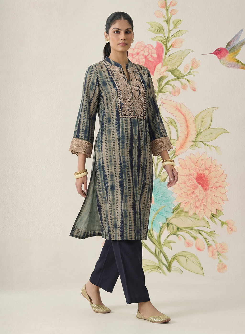 Anika Blue Printed Chanderi Straight Kurta