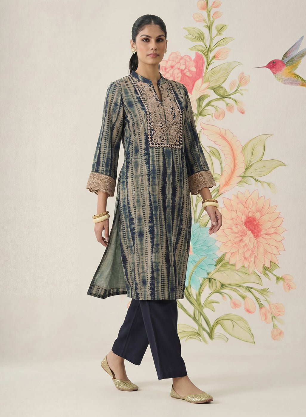 Anika Blue Printed Chanderi Straight Kurta