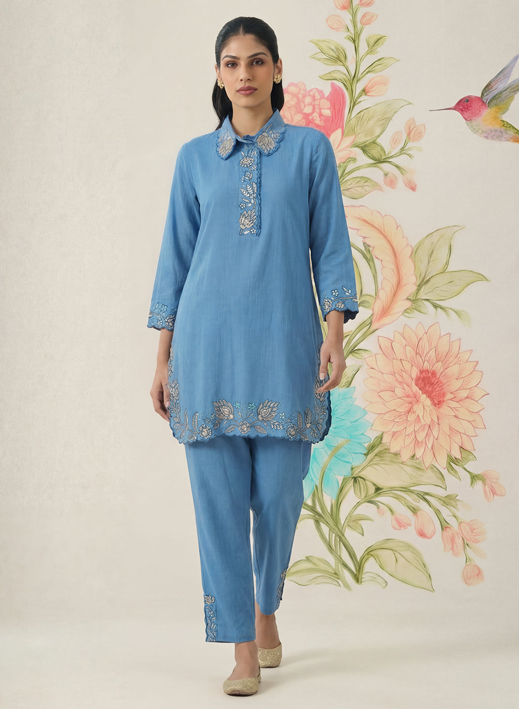 Nayra Blue Embroidered Linen Co-ord Set