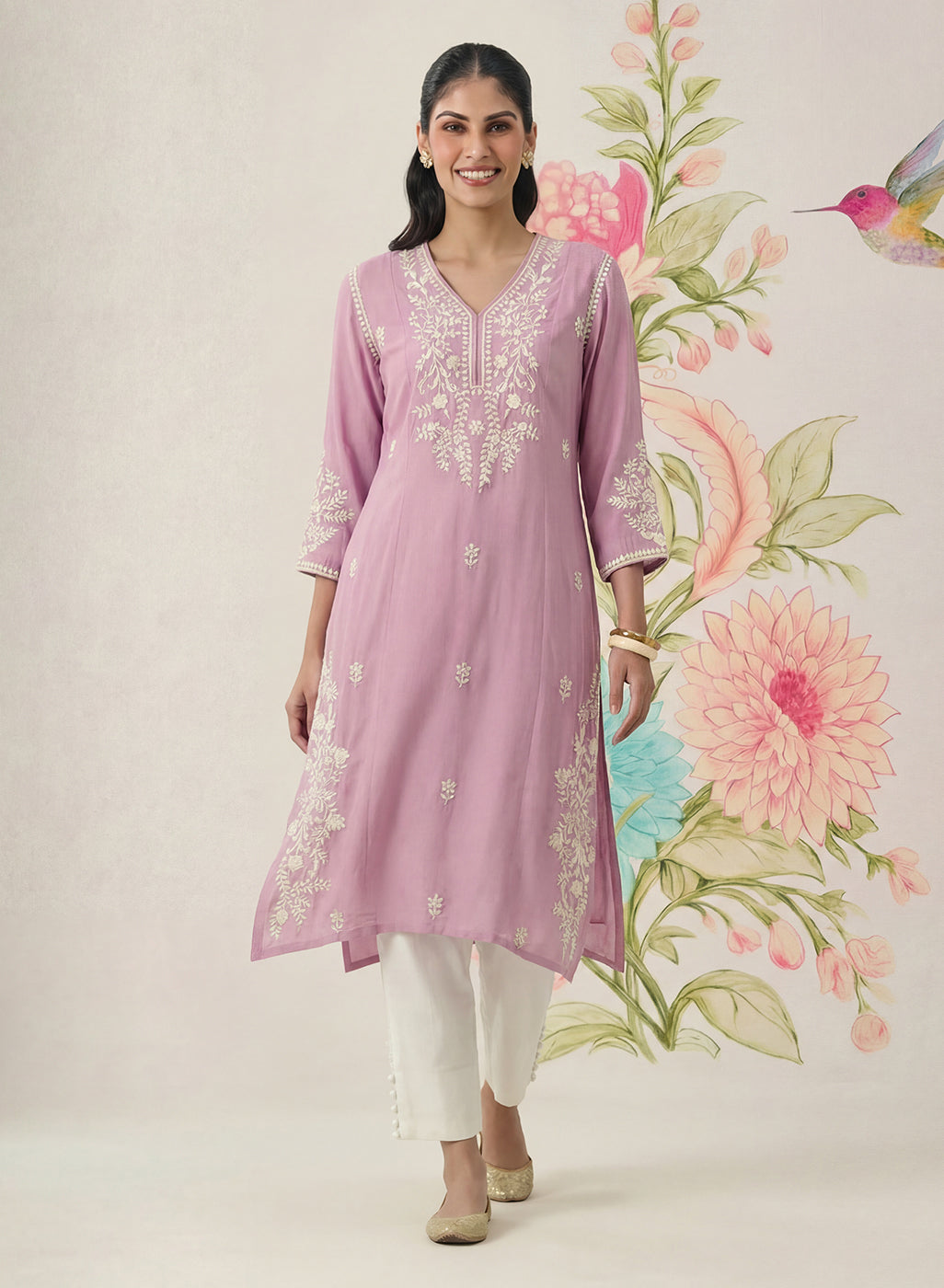 Yashvi Pink Cotton Blend Embroidered Kurta