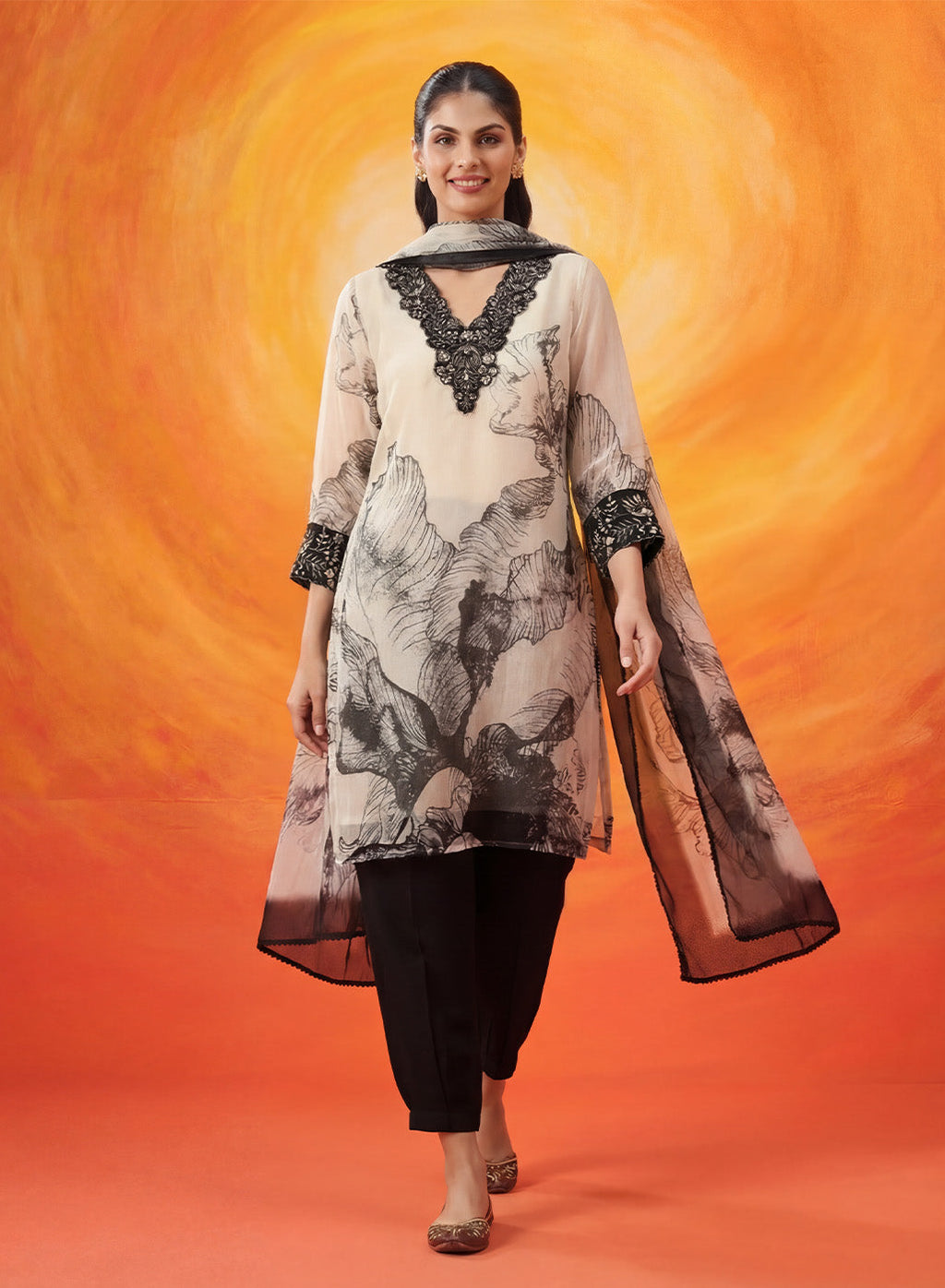 Elaf Black Printed Organza Suit Set with Dupatta