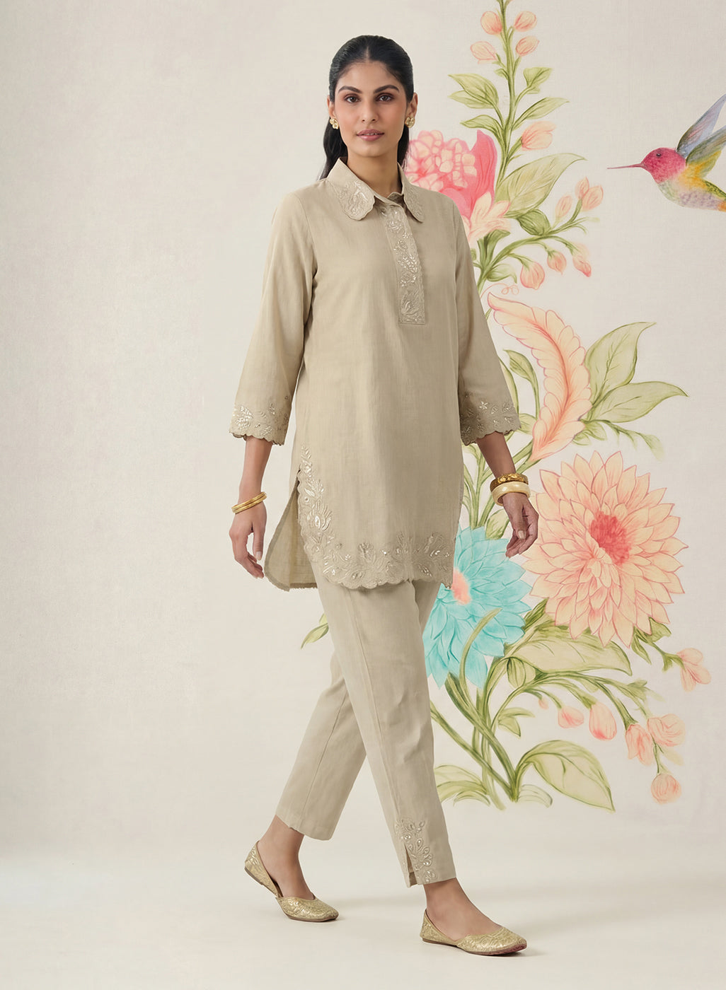 Nayra Beige Embroidered Linen Co-ord Set
