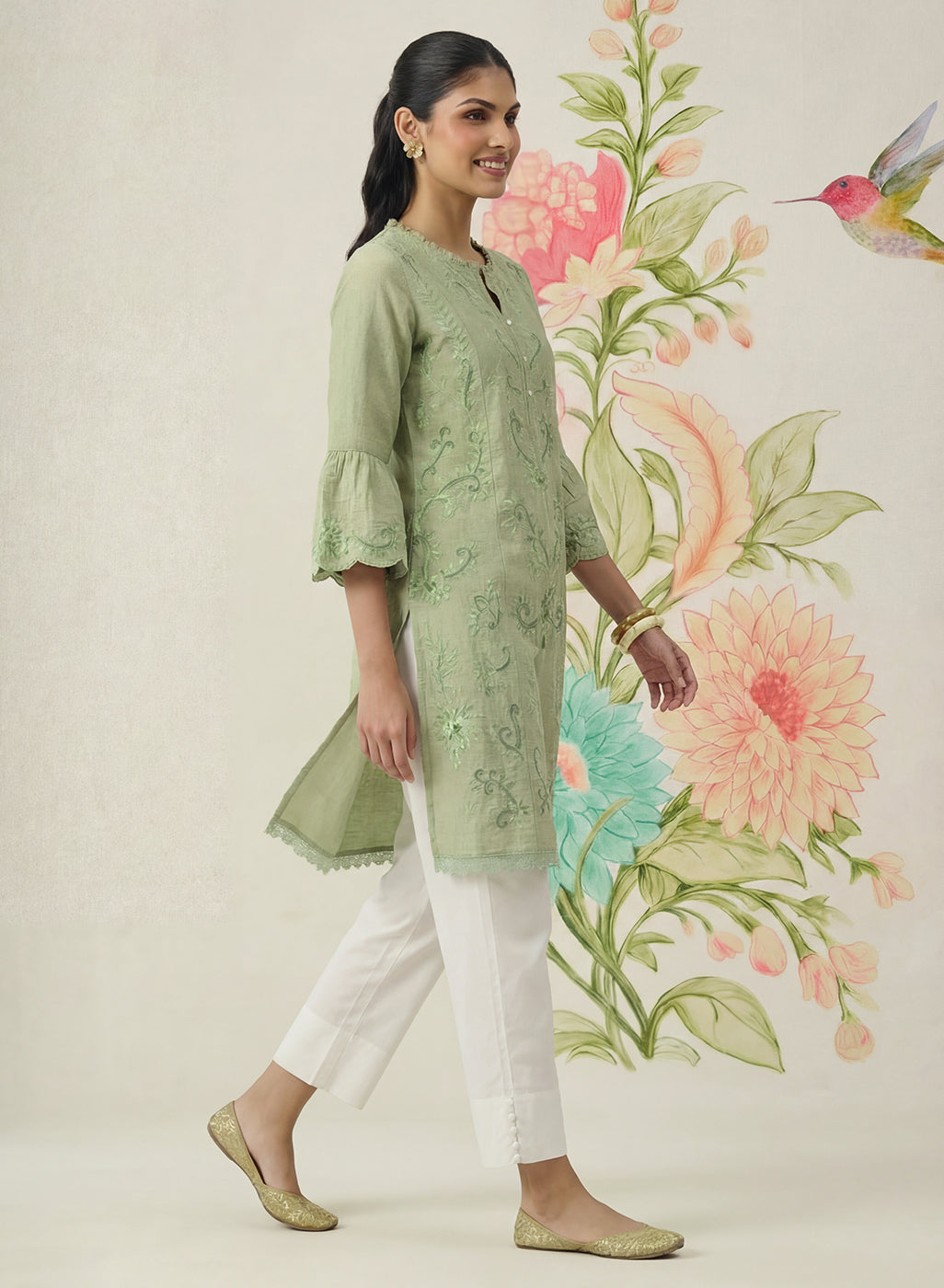 Saaj Light Green Embroidered Cotton Blend Kurta
