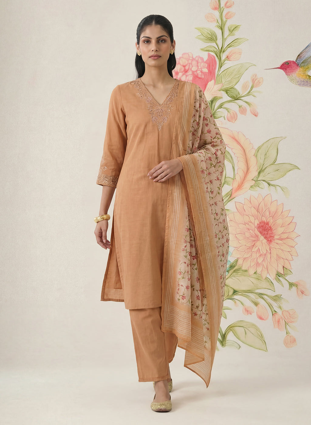 Afsana Mustard Cotton Bend Embroidered A-line Suit Set with Dupatta