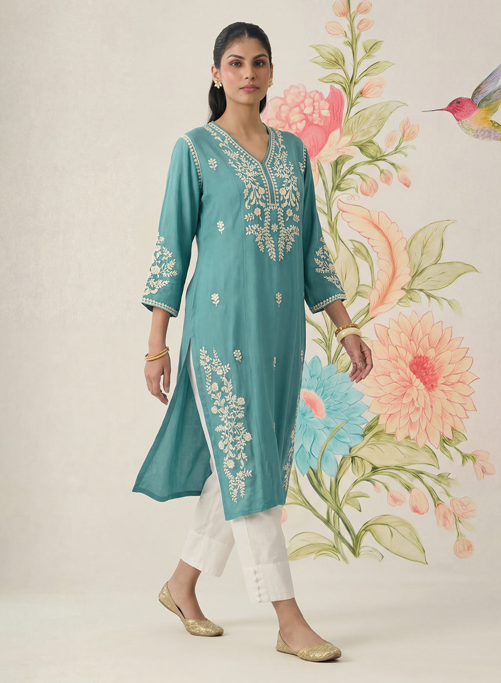 Yashvi Turquoise Cotton Blend Embroidered Kurta