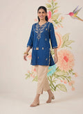 Afiya Blue Cotton Blend Embroidered Kurti