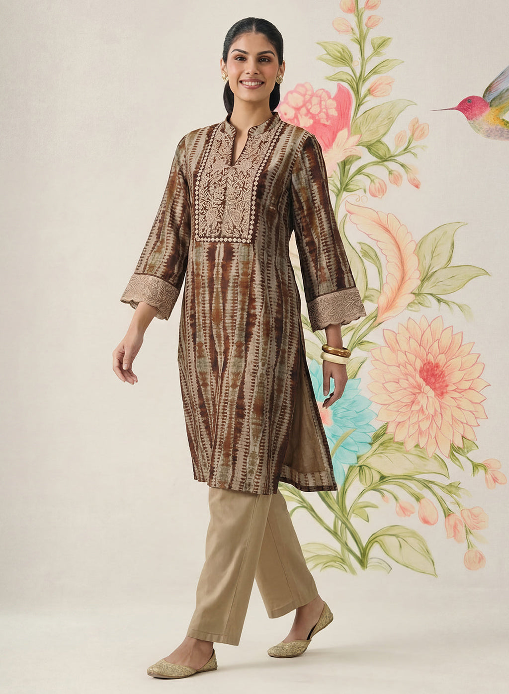 Anika Brown Printed Chanderi Straight Kurta