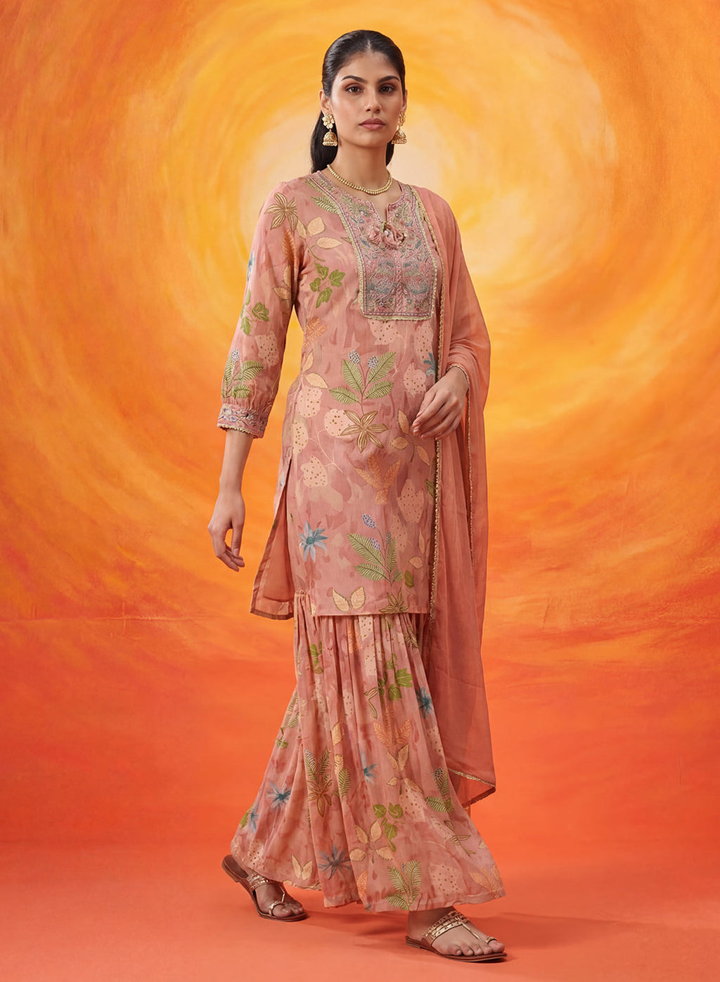 Manjari Peach Printed Garara Suit Set with Dupatta