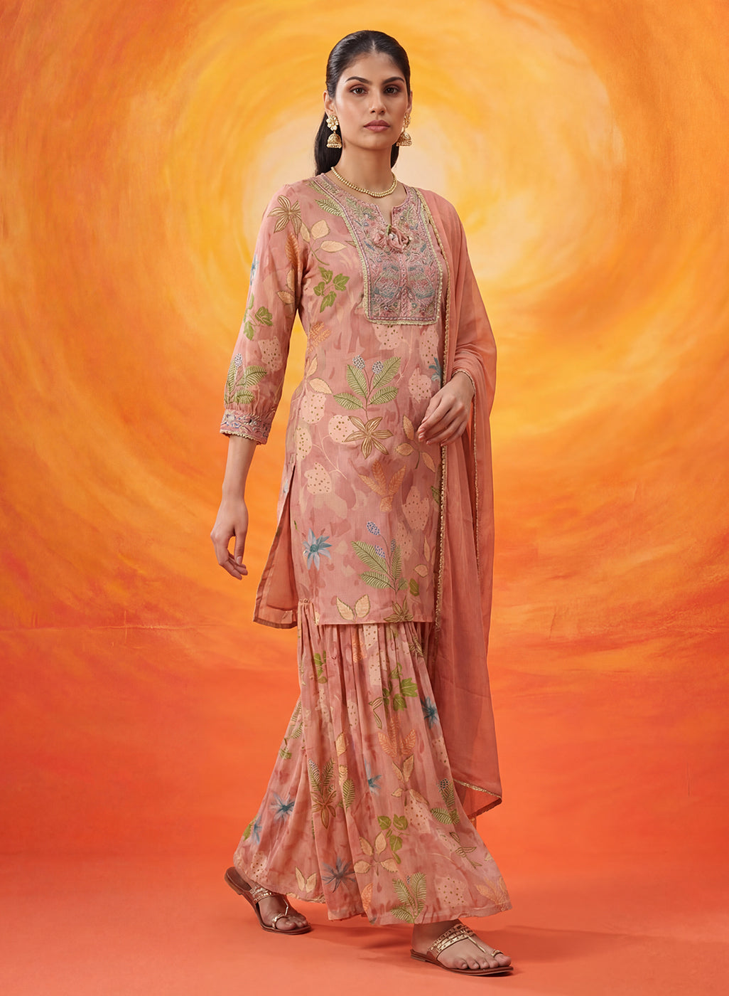 Manjari Peach Printed Garara Suit Set with Dupatta