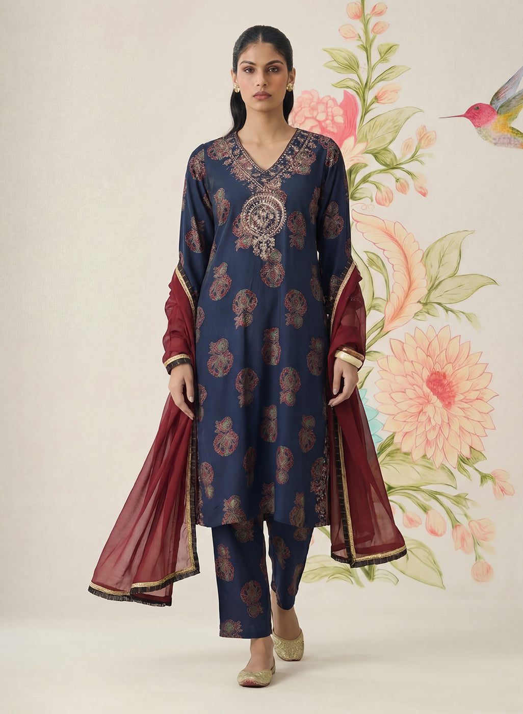 Mehr Navy Printed Cotton Blend Suit Set with Dupatta