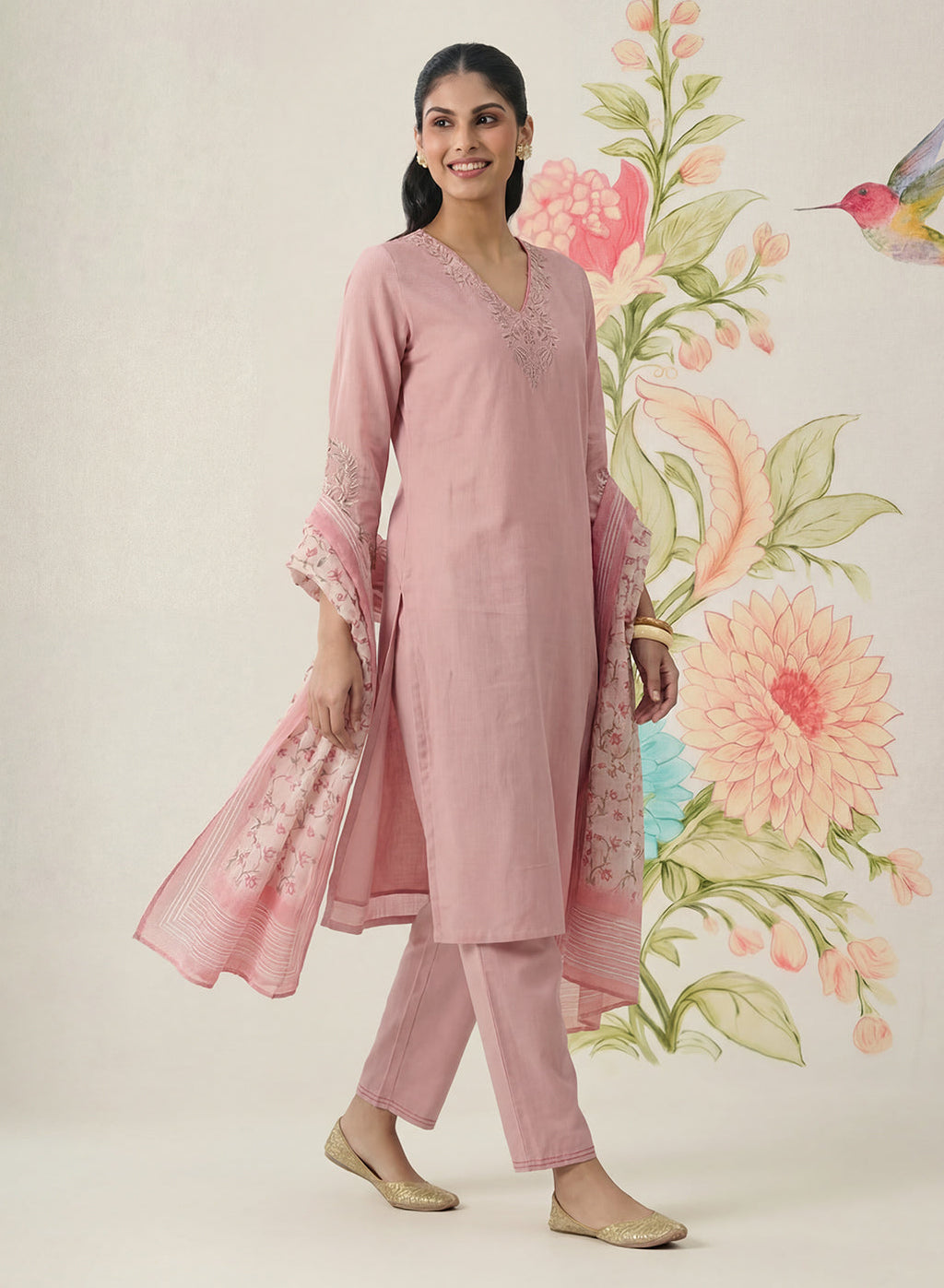 Afsana Pink Cotton Bend Embroidered A-line Suit Set with Dupatta