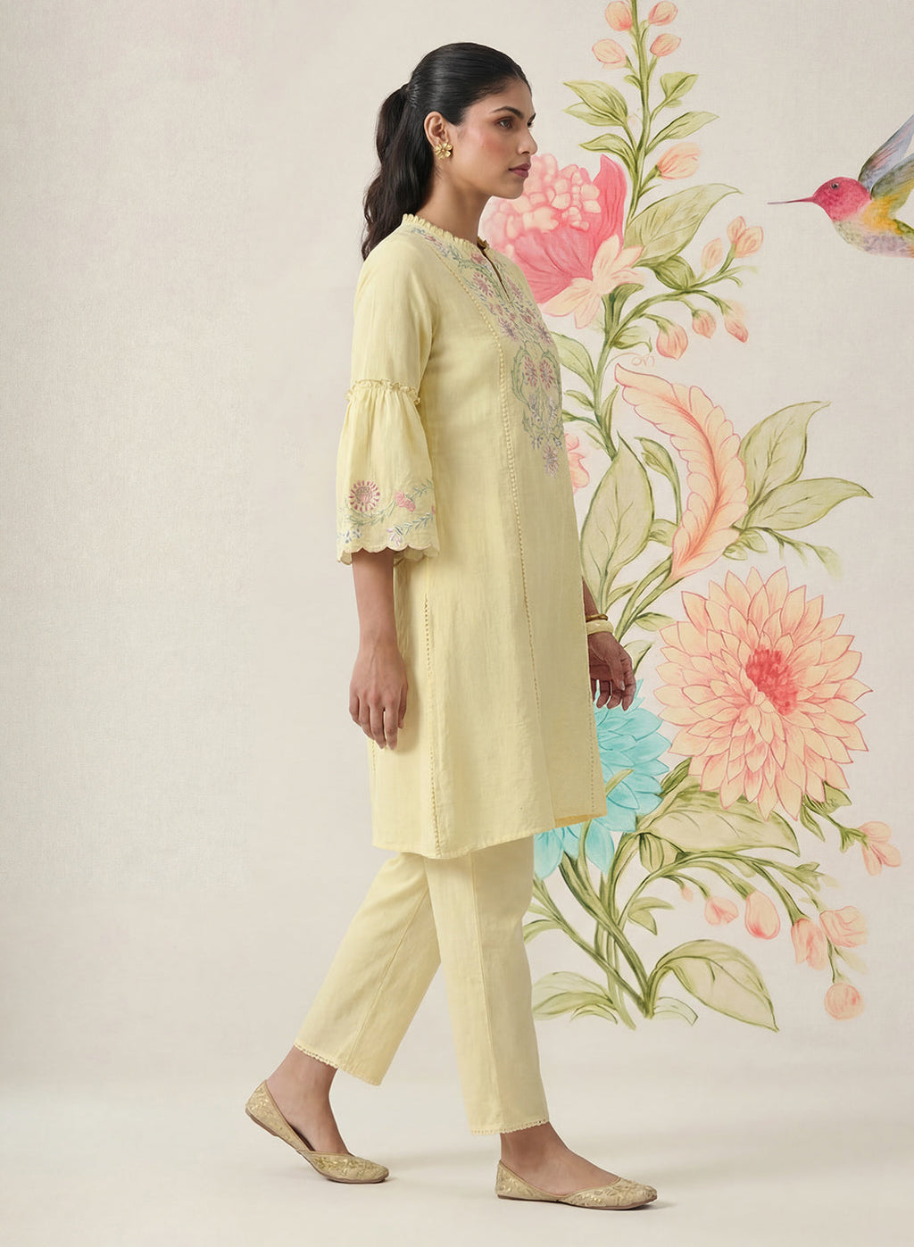Agasti Butter Yellow Embroidered Kurta Set