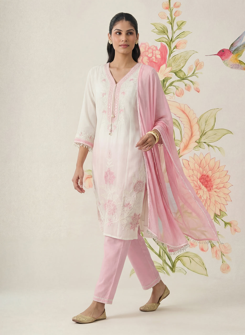 Mysaara Pink Embroidered Georgette Suit Set with Dupatta