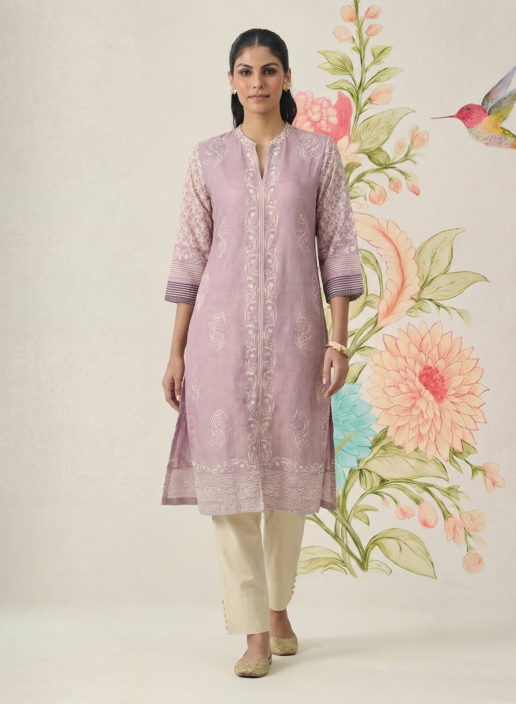 Arpora Lavender Printed Linen Straight Kurta