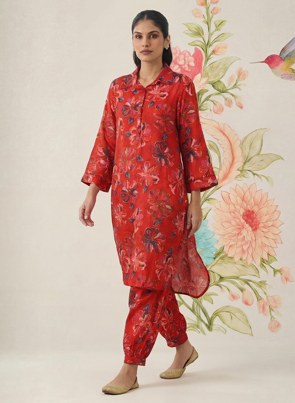 Khumari Red Printed Cotton Blend Co-ord Set