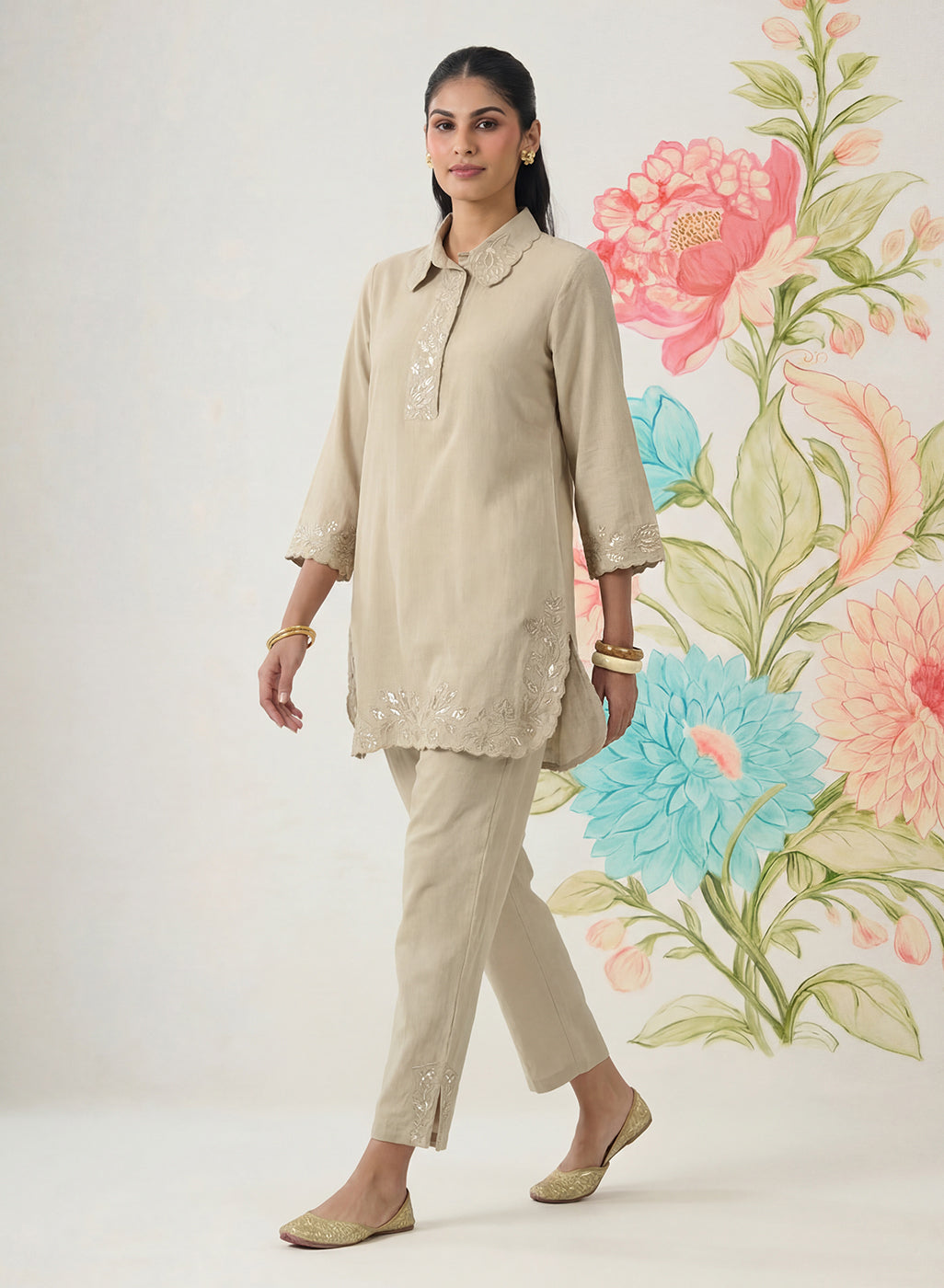 Nayra Beige Embroidered Linen Co-ord Set