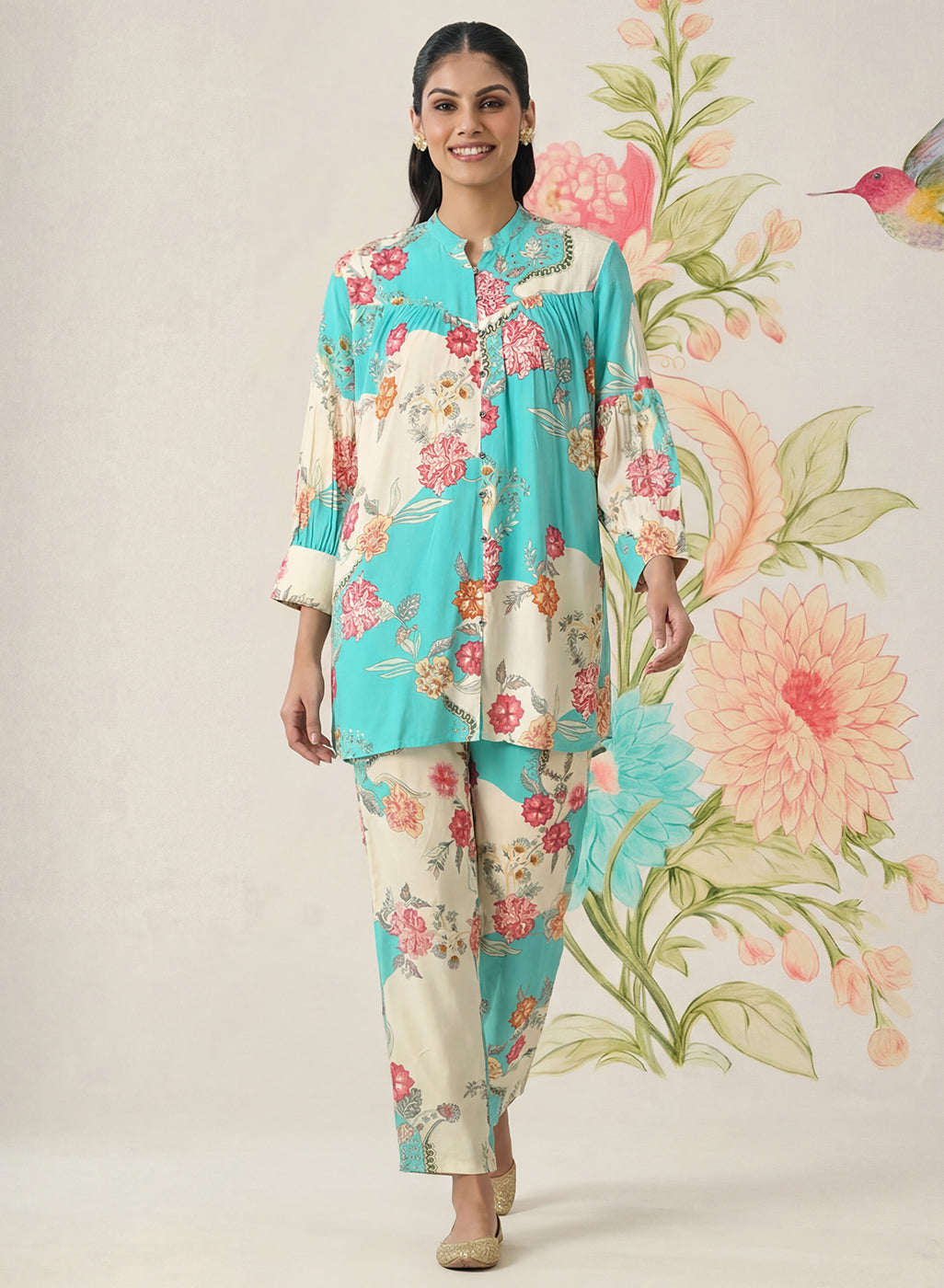 Yamika Blue Cotton Blend Printed Co-ord Set