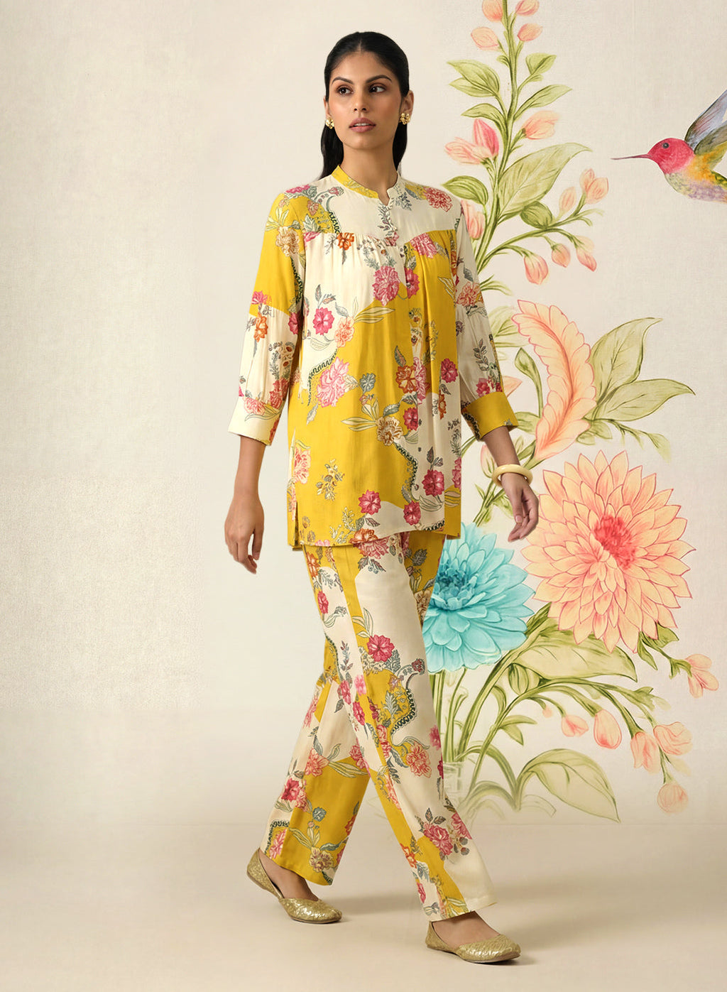 Yamika Yellow Cotton Blend Printed Co-ord Set