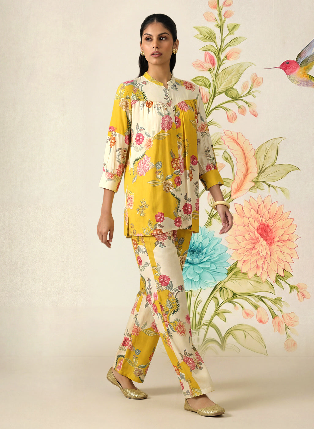 Yamika Yellow Cotton Blend Printed Co-ord Set