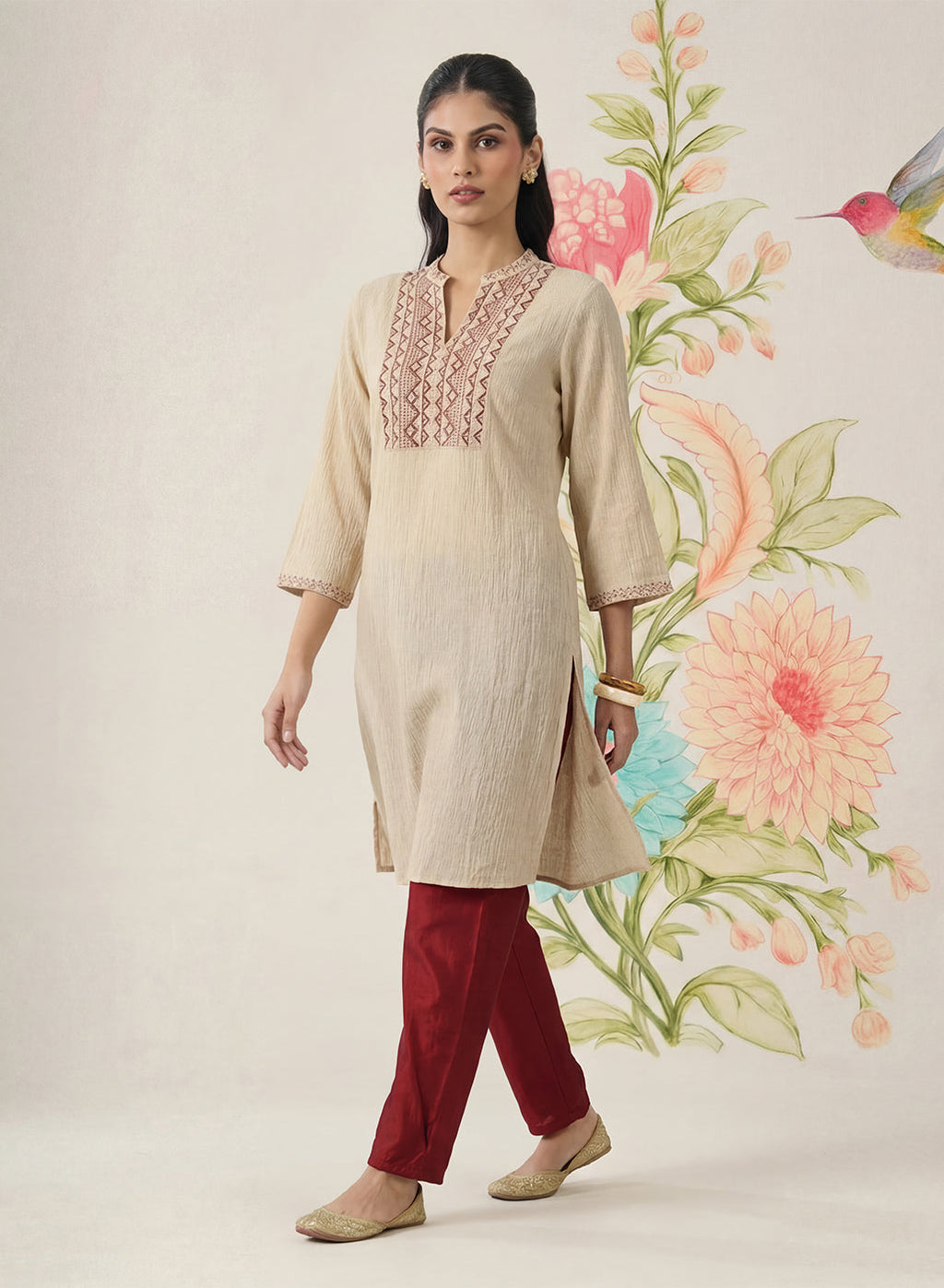 Aviya Beige Cotton Blend Embroidered Straight Kurta
