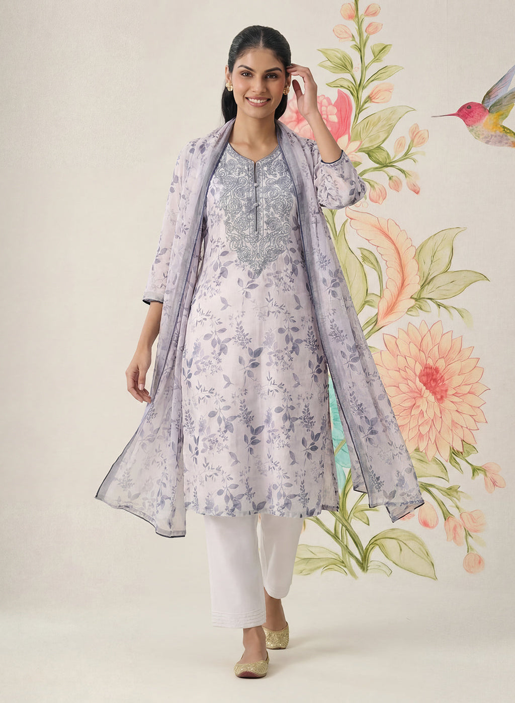 Kavya Grey Printed Chanderi Suit Set with Dupatta