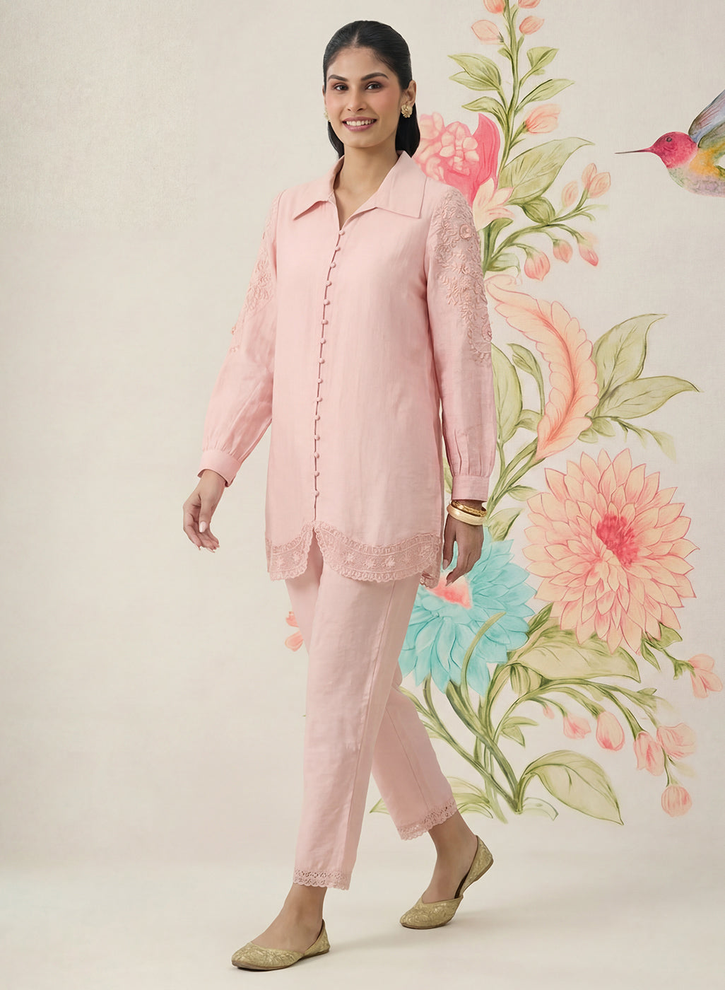 Pink Embroidered Linen Co-ord Set
