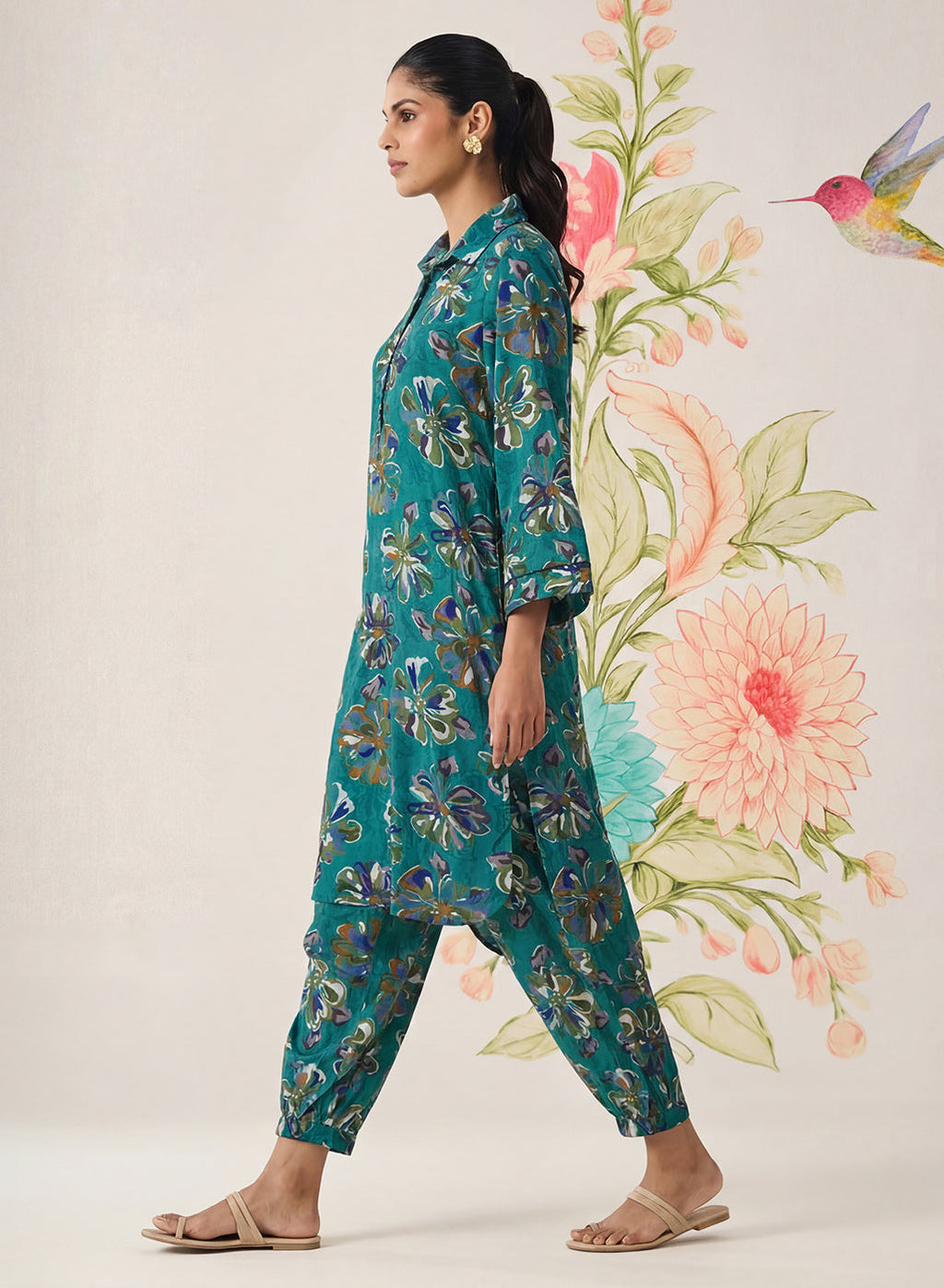 Khumari Teal Printed Cotton Blend Co-ord Set