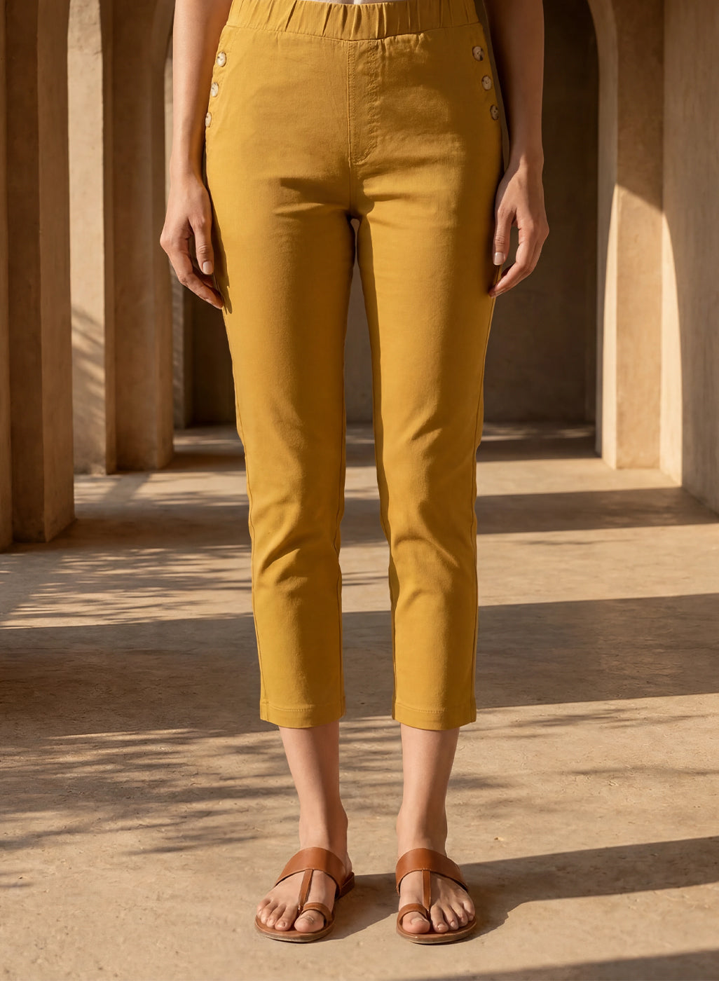 Mustard Cotton Blend Tapered Fit Capri