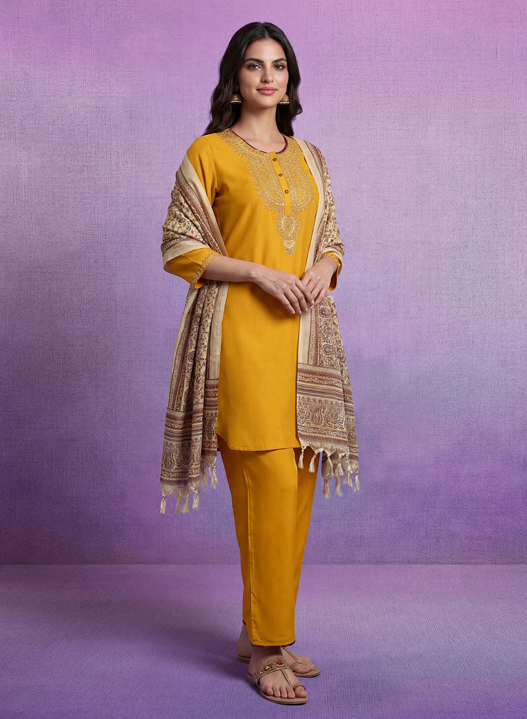 Yellow Embroidered Suit Set with Dupatta