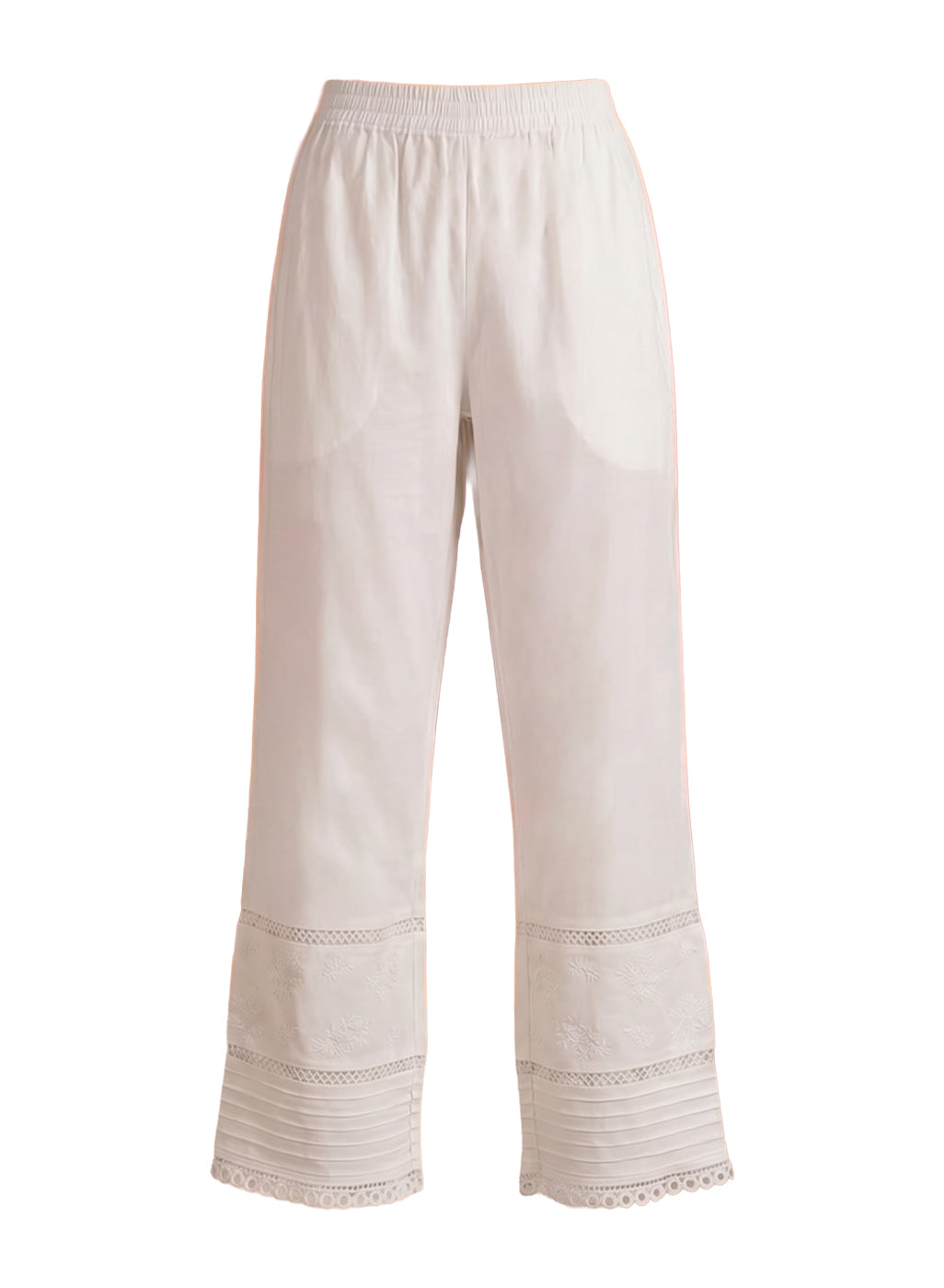 White Lycra Embroidered Straight-Fit Palazzos